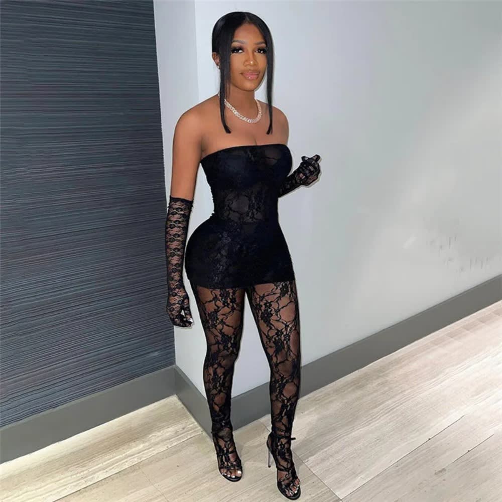 2024 Lace Two Piece Set - Strapless Tube Top Pantyhose Gloves